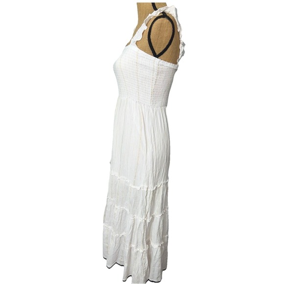 Ultra Flirt White Smocked Maxi Dress Gold Stripe Tiered Sundress Juniors M - Picture 8 of 15